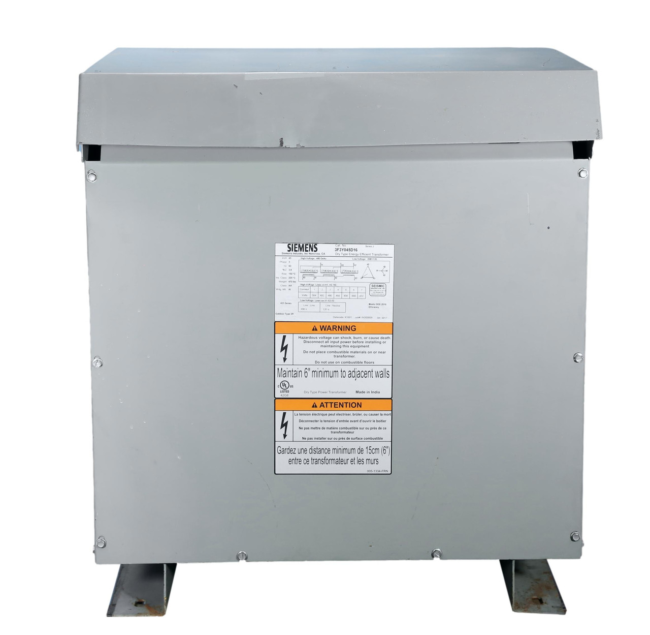 45 kVA Power Transformer 480V - 208X120, 3F3Y045D16, Siemens