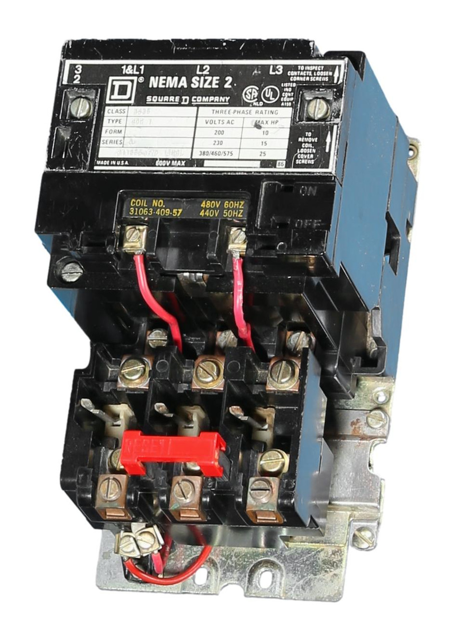 Reconditioned 8536SDO1V06 Size-2 Open Magnetic Starter w/480V Coil -Used
