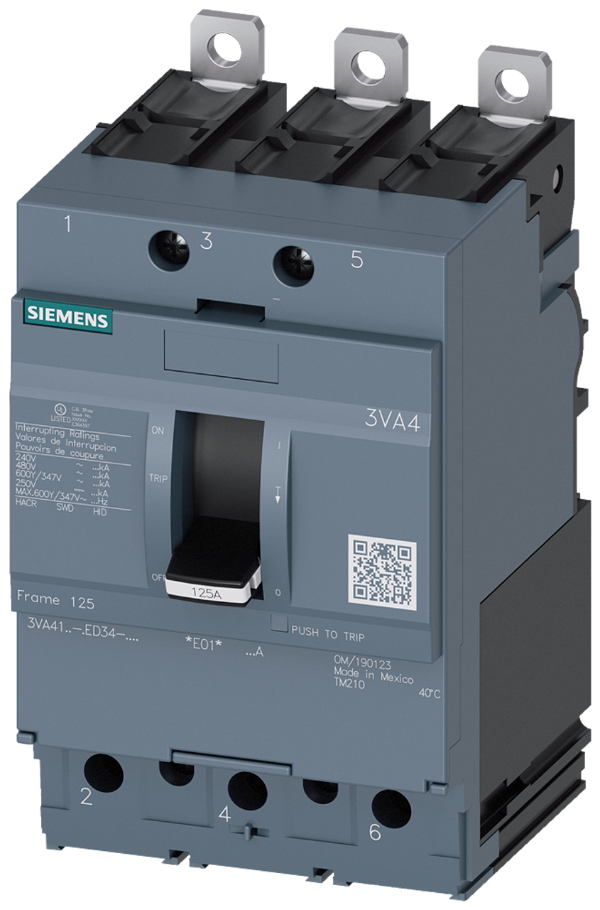 3VA4190-6ED34-0AA0 Siemens Molded Case Circuit Breaker With Thermal - Magnetic Trip Unit, 90A 3-Pole