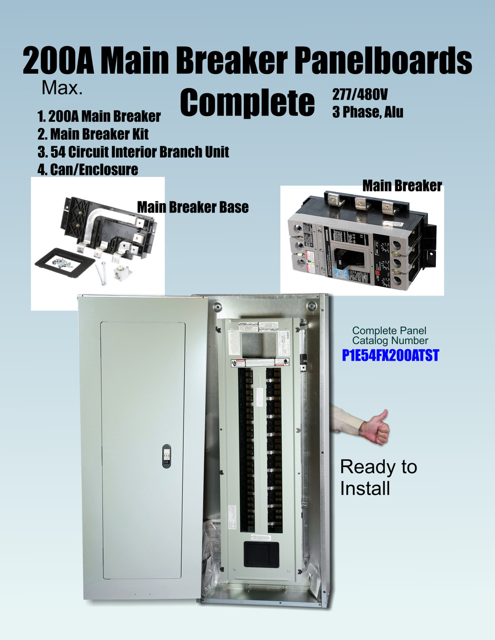 277/480V 200A Main Breaker 54 Cir. Panelboard Complete with Can & Cover Siemens -New
