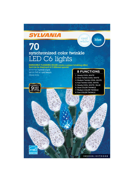 Sylvania Synchronized color twinkle LED C6 Light Set Blue/White 17.25 ft. 70 lights
